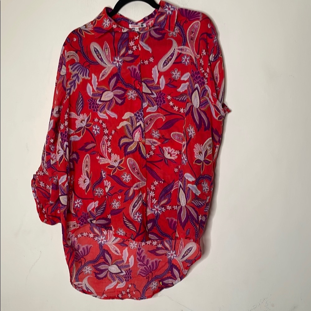 Sundry Red Graphic Button Down Shirt with Peter Pan Collar